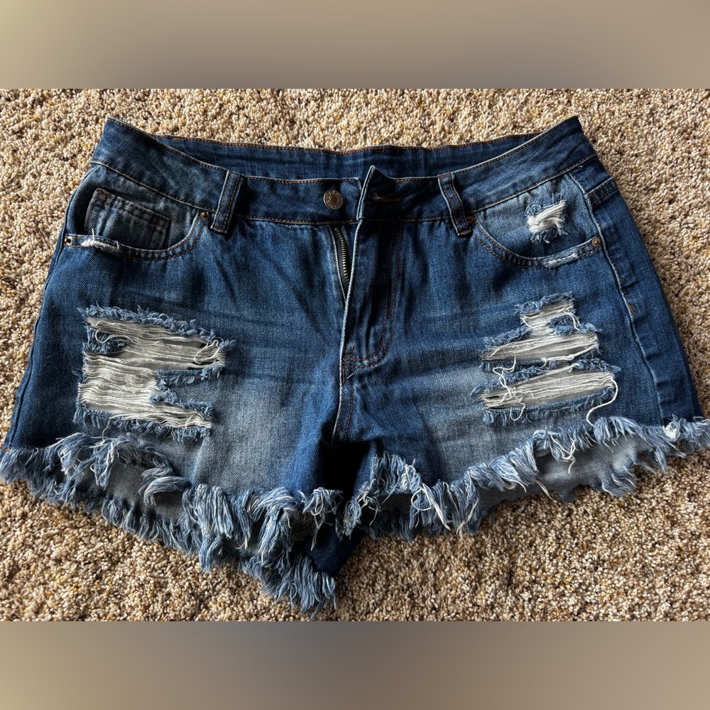 Distressed Dark Blue Denim Frayed Hem Women's Shorts